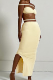 Yellow Sexy Solid Color Hollow Out Patchwork Backless Slit Off Shoulder Sleeveless Two Pieces