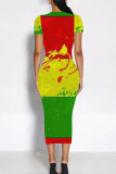 Red Casual Print Patchwork O Neck Wrapped Skirt Dresses