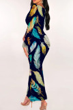 Colour Sexy Print Patchwork U Neck Wrapped Skirt Dresses