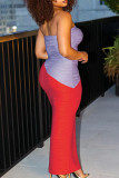 Fuchsia Sexy Patchwork Backless Contrast Strapless Long Dresses