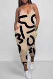 Black Street Camouflage Print Pocket Patchwork Backless Spaghetti Strap Regular Jumpsuits