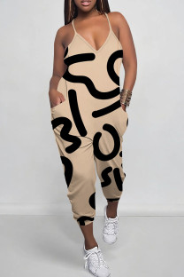 Khaki Street Camouflage Print Pocket Patchwork Backless Spaghetti Strap Regular Jumpsuits