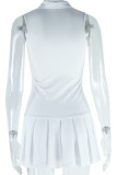 White Celebrities Solid Color Patchwork Zipper Pleated Turndown Collar A Line Dresses