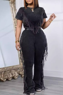 Black Casual Solid Color Fringed Trim Patchwork O Neck Short Sleeve Two Pieces
