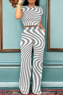 Gray White Casual Stripe Pocket Patchwork O Neck Short Sleeve Two Pieces