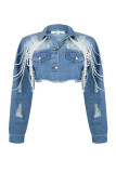 The cowboy blue Street Solid Color Pocket Buckle Patchwork Pearls Decor Turndown Collar Long Sleeve Loose Denim Jacket