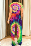 Multicolor Casual Tie Dye Pocket Patchwork O Neck Short Sleeve Two Pieces