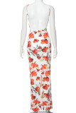 Orange Sexy Print Patchwork Backless Spaghetti Strap Sling Dresses