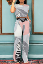 White Grey Casual Colorblock Print Pocket Contrast O Neck Short Sleeve Two Pieces