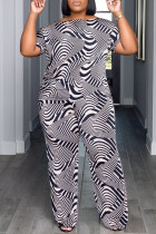 White Black Casual Print Patchwork Contrast O Neck Plus Size Two Pieces