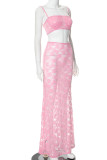 Pink Sexy Solid Color Lace Patchwork See-Through Backless Strapless Sleeveless Two Pieces