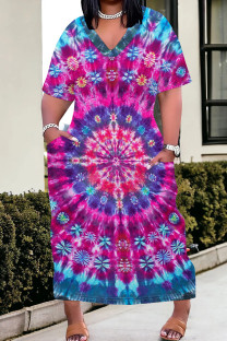 Rose Red Casual Tie Dye Pocket Patchwork V Neck Straight Plus Size Dresses