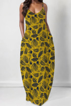 Yellow Sexy Floral Print Pocket V Neck Printed Dresses