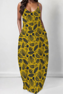 Yellow Sexy Floral Print Pocket V Neck Printed Dresses