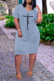 Pink Casual Letter Print Pocket V Neck Short Sleeve Short Sleeve Dress