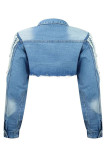The cowboy blue Street Solid Color Pocket Buckle Patchwork Pearls Decor Turndown Collar Long Sleeve Loose Denim Jacket