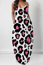 White Pink Casual Leopard Print Pocket U Neck Printed Dresses