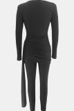 Black Casual Solid Color Patchwork Ruched V Neck Skinny Jumpsuits
