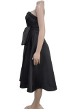 Black Elegant Solid Color Pocket Patchwork Backless Ruched Strapless A Line Dresses