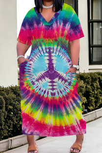 Multicolor Casual Tie Dye Pocket Patchwork V Neck Straight Plus Size Dresses