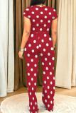Red Casual Polka Dot Pocket Patchwork O Neck Short Sleeve Two Pieces