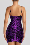Blue Sexy Leopard Print Patchwork Backless Spaghetti Strap Sling Dresses