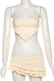 Apricot Sexy Solid Color Patchwork Halter Sleeveless Three Pieces