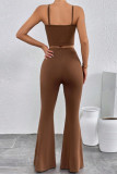Brownness Casual Solid Color Patchwork Backless Ruched Strap Design Spaghetti Strap Sleeveless Two Pieces