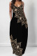 Khaki Elegant Print Pocket Patchwork Spaghetti Strap Sling Dresses