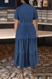 Deep Blue Street Solid Color Pocket Buckle Patchwork Ruched Turndown Collar Cake Skirt Plus Size Dresses