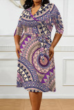 Powdery Violet Elegant Geometric Print Lace Up Contrast V Neck Printed Plus Size Dresses