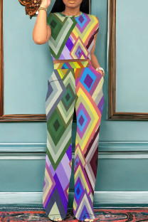 Purple Green Casual Print Pocket Patchwork O Neck Short Sleeve Two Pieces