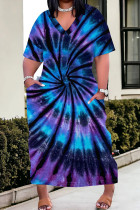 Blue Purple Casual Tie Dye Pocket Patchwork V Neck Straight Plus Size Dresses