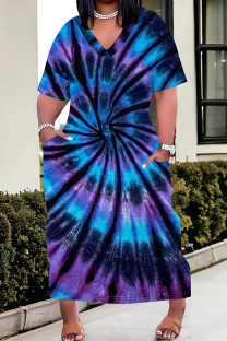 Blue Purple Casual Tie Dye Pocket Patchwork V Neck Straight Plus Size Dresses