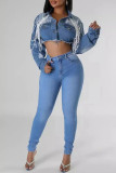 The cowboy blue Street Solid Color Pocket Buckle Patchwork Pearls Decor Turndown Collar Long Sleeve Loose Denim Jacket