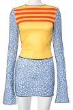 Yellow Sexy Print Patchwork Contrast O Neck Long Sleeve Two Pieces