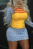 Yellow Sexy Print Patchwork Contrast O Neck Long Sleeve Two Pieces