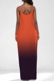 Orange Purple Casual Gradient Print Pocket Contrast U Neck Printed Dresses