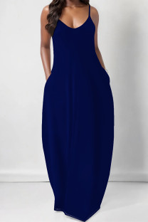 Tibetan Blue Casual Gradient Print Pocket Contrast U Neck Printed Dresses