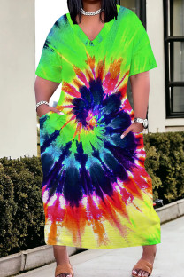 Colour Casual Tie Dye Pocket Patchwork V Neck Straight Plus Size Dresses