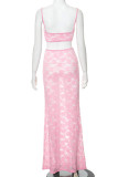 Pink Sexy Solid Color Lace Patchwork See-Through Backless Strapless Sleeveless Two Pieces