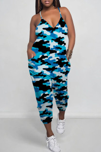 Turquoise Street Camouflage Print Pocket Patchwork Backless Spaghetti Strap Regular Jumpsuits