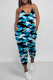 Turquoise Street Camouflage Print Pocket Patchwork Backless Spaghetti Strap Regular Jumpsuits