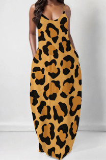 Yellow Casual Leopard Print Pocket U Neck Printed Dresses