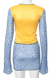 Yellow Sexy Print Patchwork Contrast O Neck Long Sleeve Two Pieces