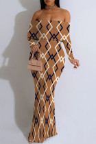 Deep Coffee Elegant Splashed ink printing Contrast Off Shoulder One Step Skirt Dresses
