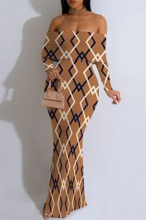 Deep Coffee Elegant Splashed ink printing Contrast Off Shoulder One Step Skirt Dresses