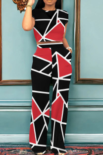 Black Red Casual Print Pocket Patchwork O Neck Short Sleeve Two Pieces
