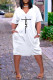 White Casual Letter Print Pocket V Neck Short Sleeve Short Sleeve Dress