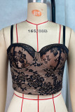 Black Sexy Lace Patchwork Backless Spaghetti Strap Tops